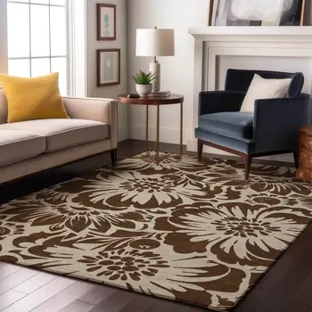 8' X 10' Brown And Ivory Floral Washable Area Rug With UV Protection