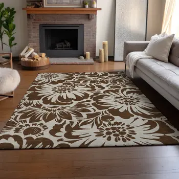 8' X 10' Brown And Ivory Floral Washable Area Rug With UV Protection