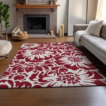 5' X 8' Burgundy And Ivory Floral Washable Area Rug With UV Protection