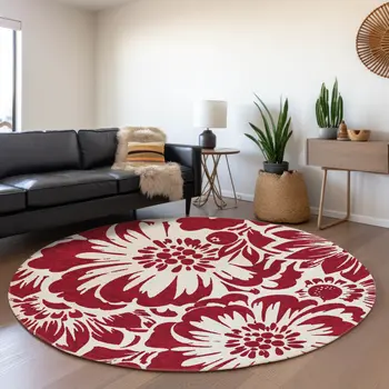 8' Burgundy And Ivory Floral Washable Round Rug With UV Protection