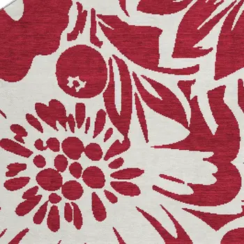 8' Burgundy And Ivory Floral Washable Round Rug With UV Protection