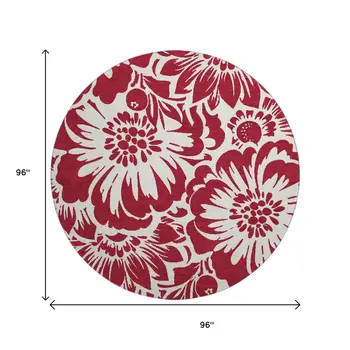 8' Burgundy And Ivory Floral Washable Round Rug With UV Protection