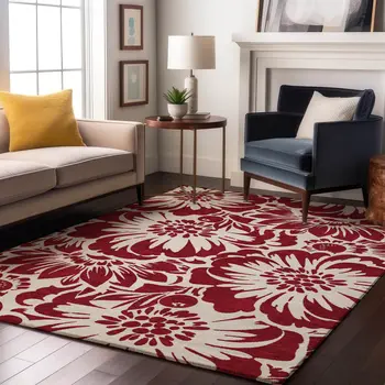 9' X 12' Burgundy And Ivory Floral Washable Area Rug With UV Protection