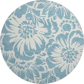 8' Denim Blue And Ivory Floral Washable Round Rug With UV Protection