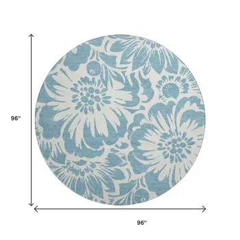 8' Denim Blue And Ivory Floral Washable Round Rug With UV Protection