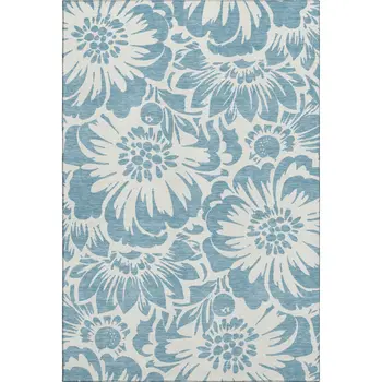 9' X 12' Denim Blue And Ivory Floral Washable Area Rug With UV Protection