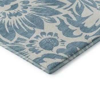 9' X 12' Denim Blue And Ivory Floral Washable Area Rug With UV Protection
