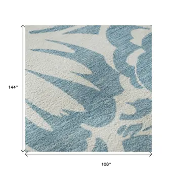 9' X 12' Denim Blue And Ivory Floral Washable Area Rug With UV Protection