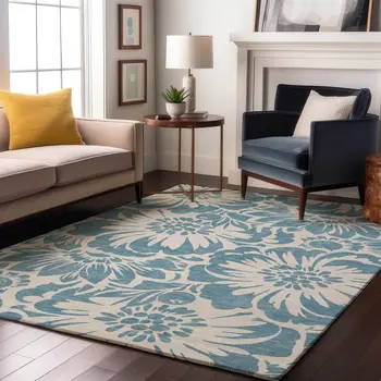 10' X 14' Denim Blue And Ivory Floral Washable Area Rug With UV Protection