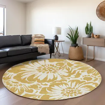 8' Gold And Ivory Floral Washable Round Rug With UV Protection
