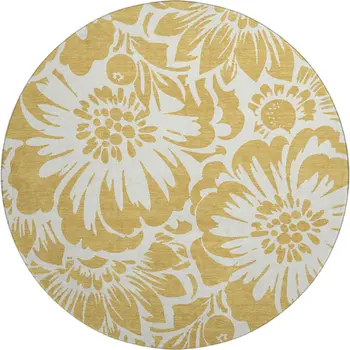 8' Gold And Ivory Floral Washable Round Rug With UV Protection