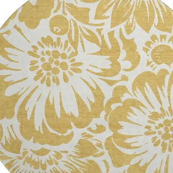 8' Gold And Ivory Floral Washable Round Rug With UV Protection