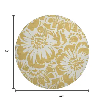 8' Gold And Ivory Floral Washable Round Rug With UV Protection