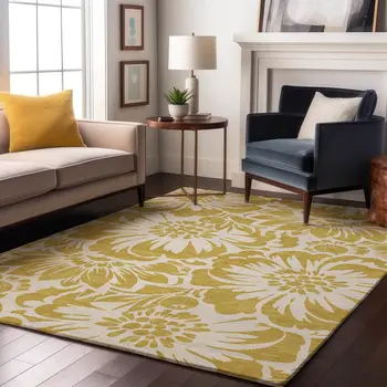 10' X 14' Gold And Ivory Floral Washable Area Rug With UV Protection