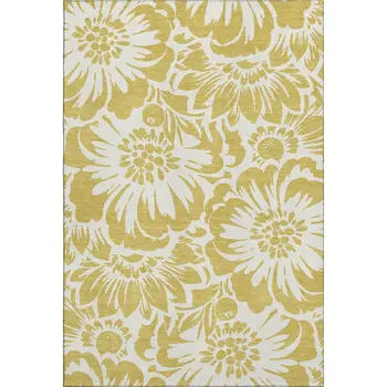 10' X 14' Gold And Ivory Floral Washable Area Rug With UV Protection