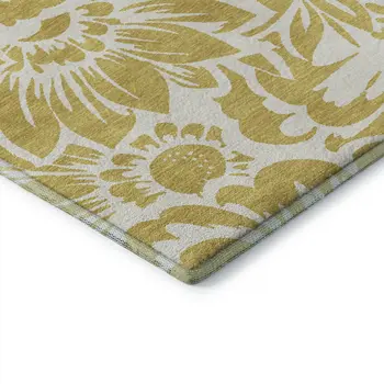 10' X 14' Gold And Ivory Floral Washable Area Rug With UV Protection