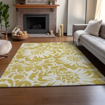 10' X 14' Gold And Ivory Floral Washable Area Rug With UV Protection