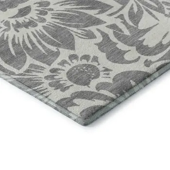 8' Gray And Ivory Floral Washable Round Rug With UV Protection