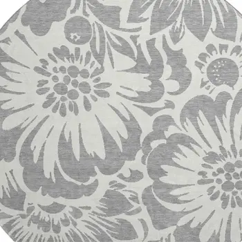8' Gray And Ivory Floral Washable Round Rug With UV Protection