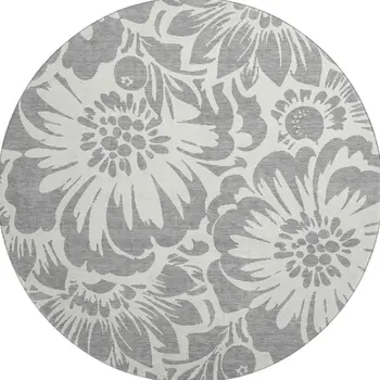 8' Gray And Ivory Floral Washable Round Rug With UV Protection
