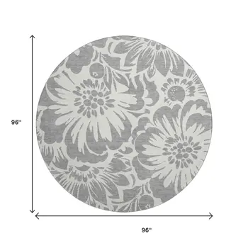 8' Gray And Ivory Floral Washable Round Rug With UV Protection