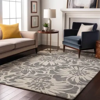 8' X 10' Gray And Ivory Floral Washable Area Rug With UV Protection