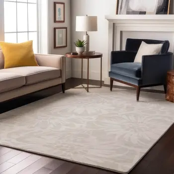 5' X 8' Ivory And Cream Floral Washable Area Rug With UV Protection