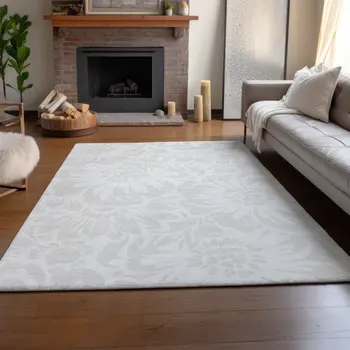 5' X 8' Ivory And Cream Floral Washable Area Rug With UV Protection