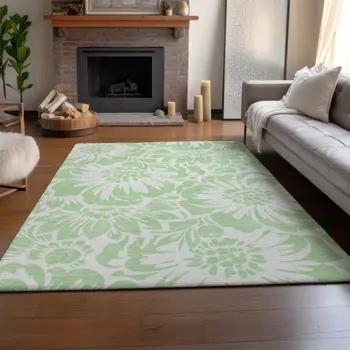 5' X 8' Mint Green And Ivory Floral Washable Area Rug With UV Protection