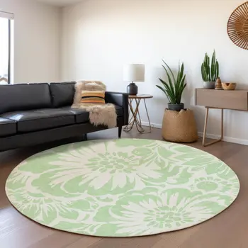 8' Mint Green And Ivory Floral Washable Round Rug With UV Protection