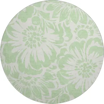 8' Mint Green And Ivory Floral Washable Round Rug With UV Protection