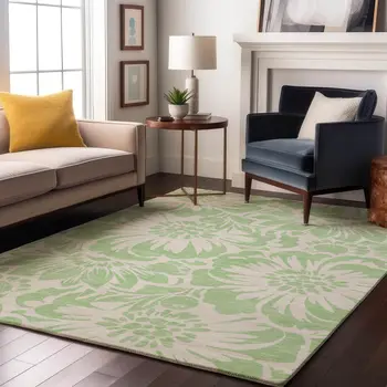 8' X 10' Mint Green And Ivory Floral Washable Area Rug With UV Protection