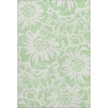 8' X 10' Mint Green And Ivory Floral Washable Area Rug With UV Protection
