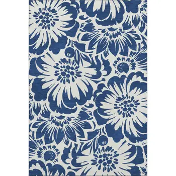 5' X 8' Navy Blue And Ivory Floral Washable Area Rug With UV Protection