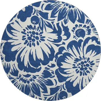 8' Navy Blue And Ivory Floral Washable Round Rug With UV Protection