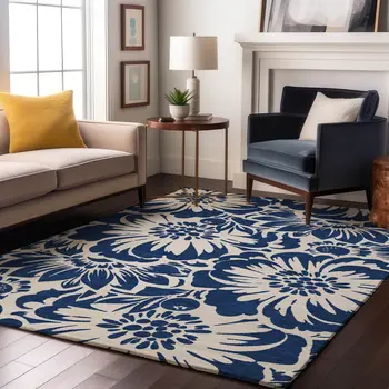 8' X 10' Navy Blue And Ivory Floral Washable Area Rug With UV Protection