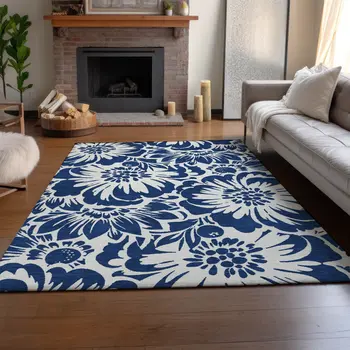 8' X 10' Navy Blue And Ivory Floral Washable Area Rug With UV Protection