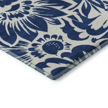 9' X 12' Navy Blue And Ivory Floral Washable Area Rug With UV Protection