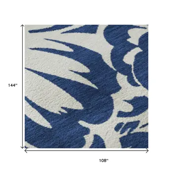 9' X 12' Navy Blue And Ivory Floral Washable Area Rug With UV Protection