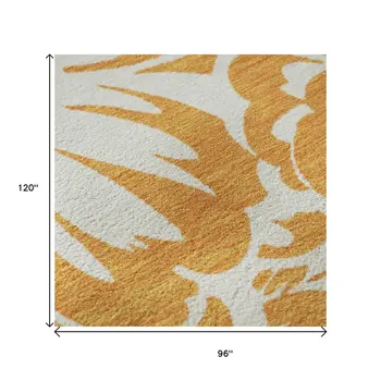 8' X 10' Orange And Ivory Floral Washable Area Rug With UV Protection