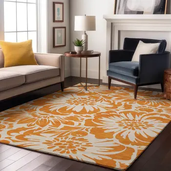 9' X 12' Orange And Ivory Floral Washable Area Rug With UV Protection