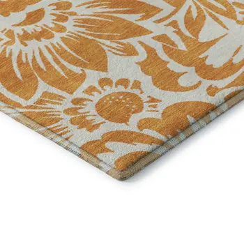 9' X 12' Orange And Ivory Floral Washable Area Rug With UV Protection