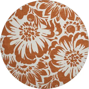 8' Rust And Ivory Floral Washable Round Rug With UV Protection