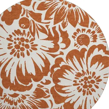8' Rust And Ivory Floral Washable Round Rug With UV Protection