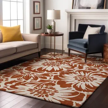 8' X 10' Rust And Ivory Floral Washable Area Rug With UV Protection