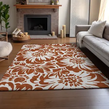 8' X 10' Rust And Ivory Floral Washable Area Rug With UV Protection
