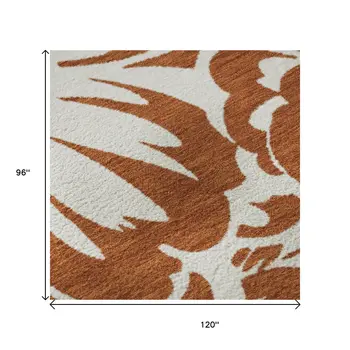 8' X 10' Rust And Ivory Floral Washable Area Rug With UV Protection