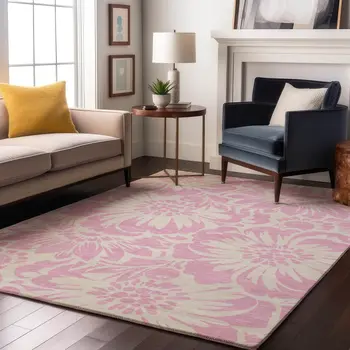 5' X 8' Pink And Ivory Floral Washable Area Rug With UV Protection