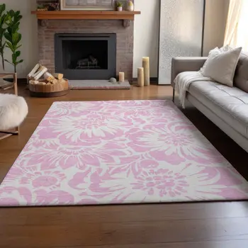 5' X 8' Pink And Ivory Floral Washable Area Rug With UV Protection