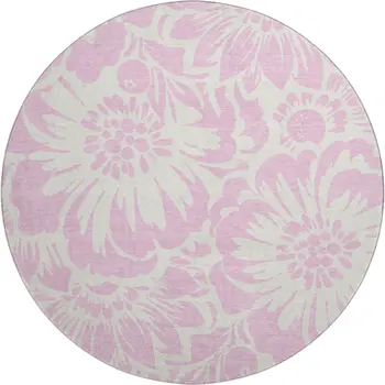 8' Pink And Ivory Floral Washable Round Rug With UV Protection